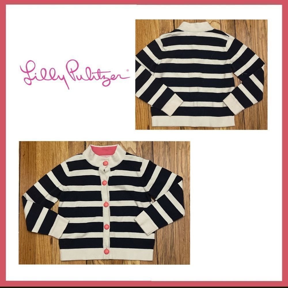 Lilly Pulitzer Navy/White Striped Cardigan Sweater with Coral Buttons Size 5 yrs